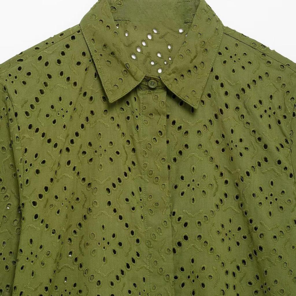 2025 Lato Damska Haftowana Ażurowa Koszula Casual z Klapami - Styl Europejski i Amerykański