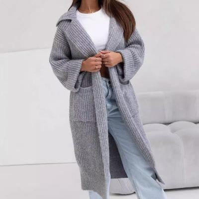 2025 Cardigan Pull Manteau Mi-Long Épais à Revers et Poches pour Femme