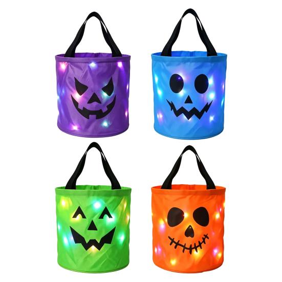 Reusable Holiday Party Favor Bags Halloween Glowing Pumpkin Candy Bag LED Light up Trick or Treat Bucket Lighted Buckets for Kids Waterproof