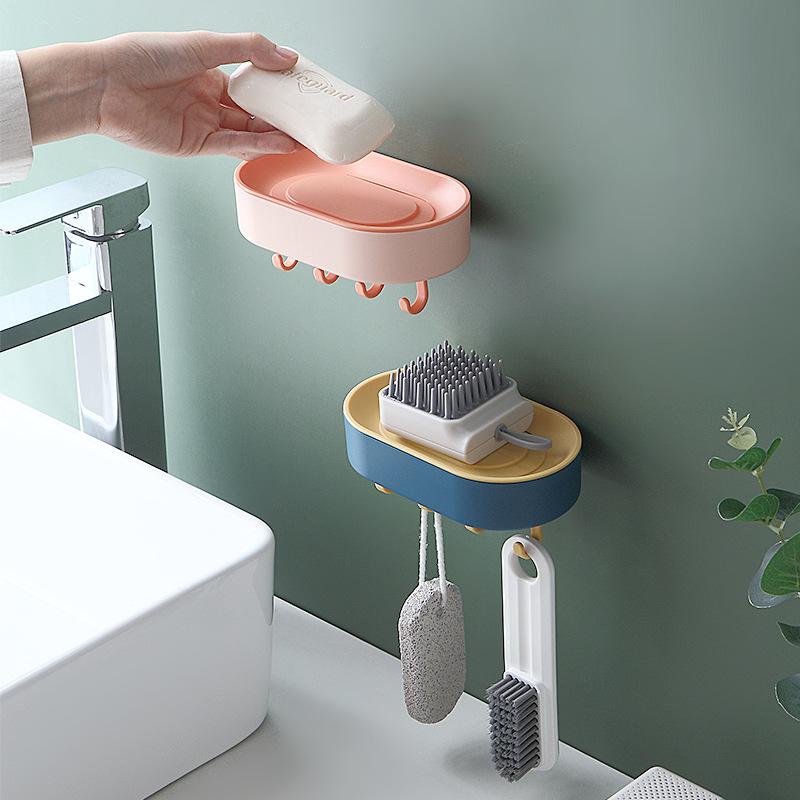 Wall-mounted Soap Box Draining WaterHanging Items No Need To Drill HolesBathroom Storage Rack with Hooks