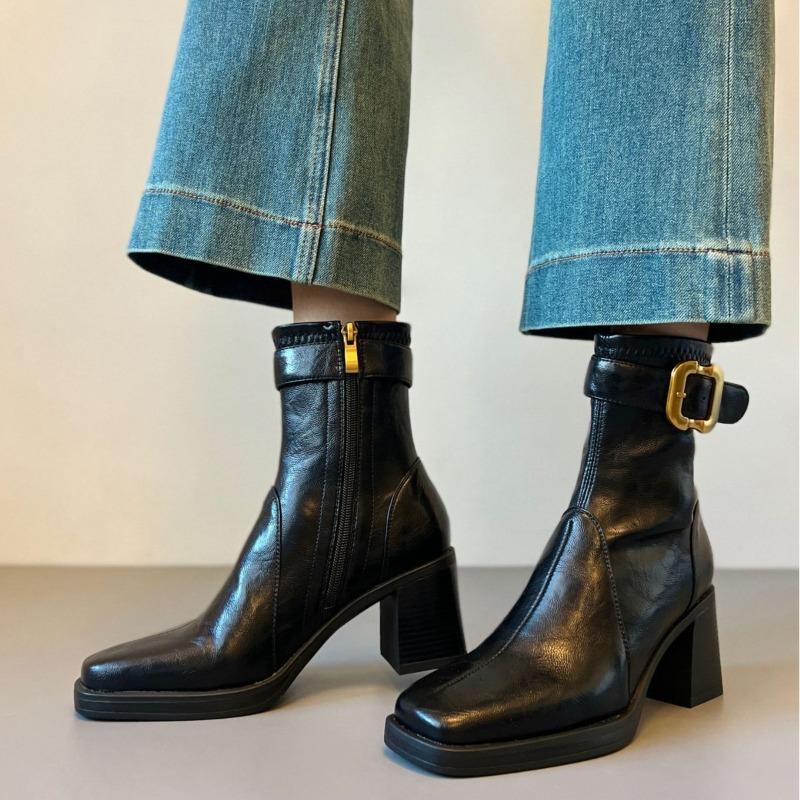 

Low Heel Square Toe High Heel Short Boots for Women, Light Luxury Thick Heel Boots, Versatile Shoes 34 чёрный