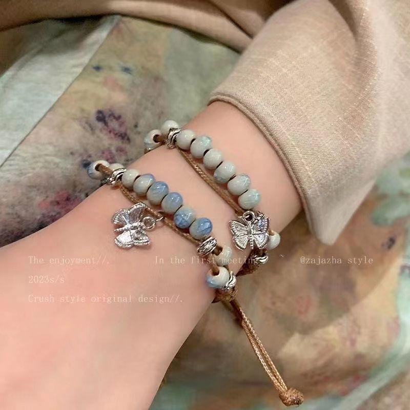 New Chinese Style Butterfly Ceramic Beaded Braided Bracelet for Women Retro Chinese Style Bracelet Ethnic Style Hand Jewelry