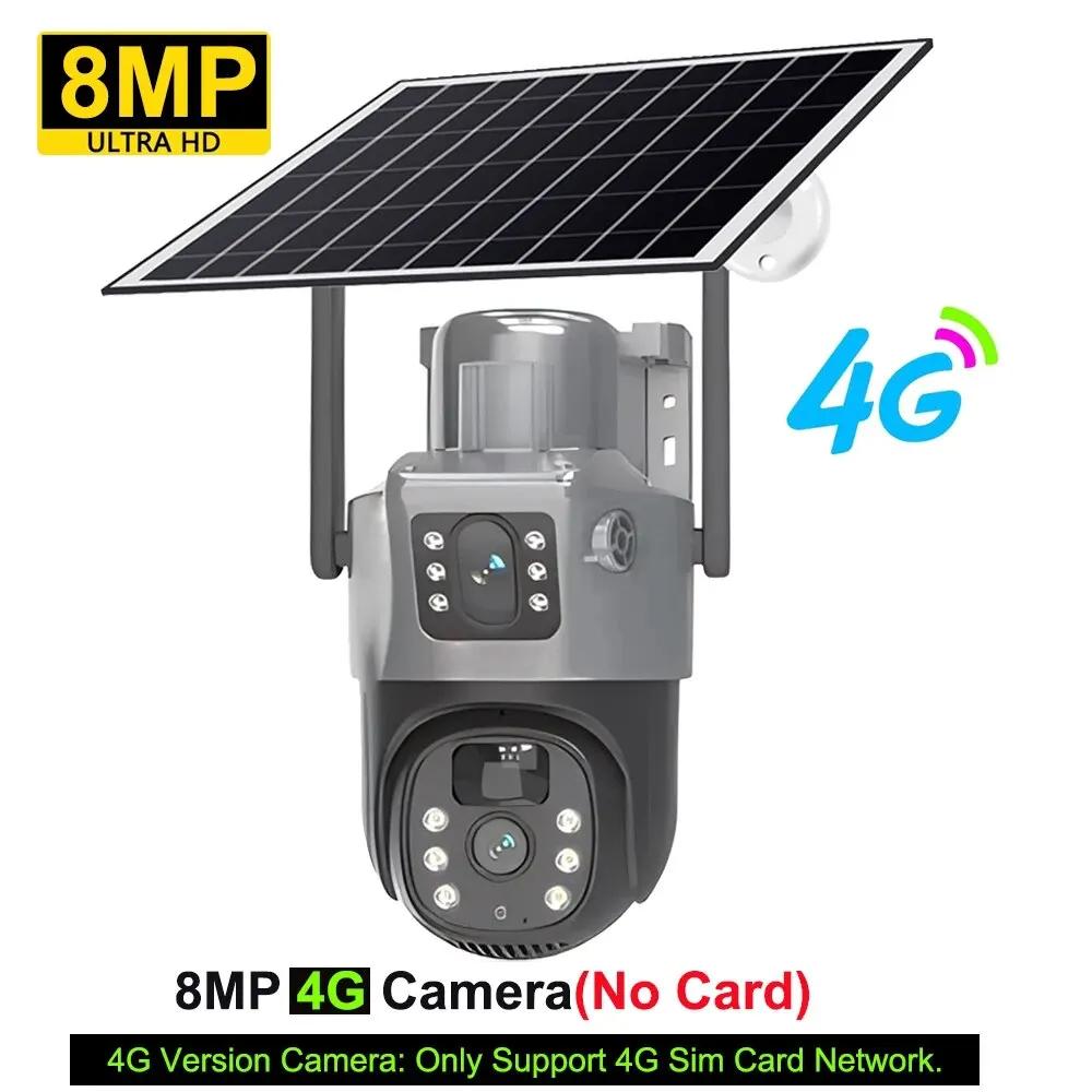 Kamera słoneczna PIR 4G Sim zewnętrzny podwójny obiektyw WiFi 8MP 4K IP Camara Panel słoneczny CCTV V380 Pro ochrona bezpieczeństwa wbudowana bateria