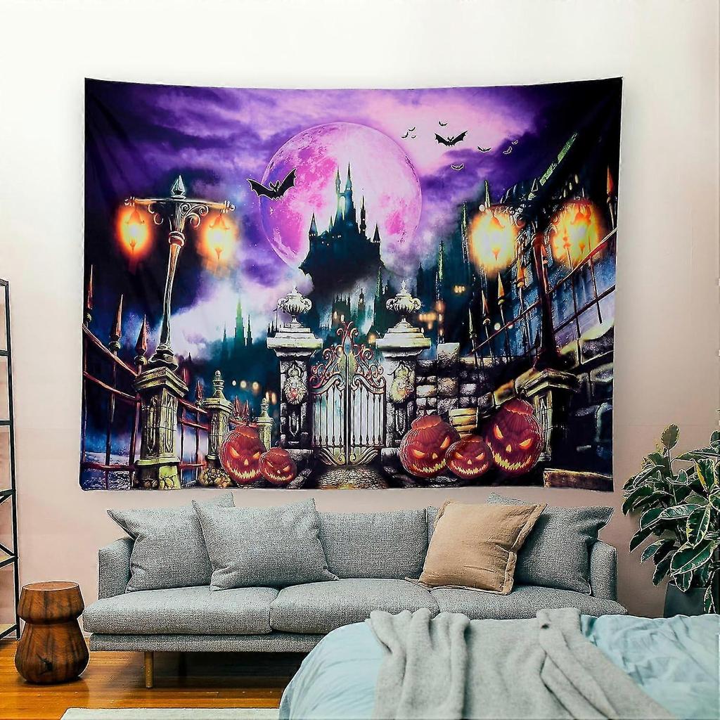 Blacklight Castle Tapestry Halloween Pumpkins Bats Moon Post Lamps Poster Scary Hippe Room Decor Bedroom Uv Reactive Wall Hanging