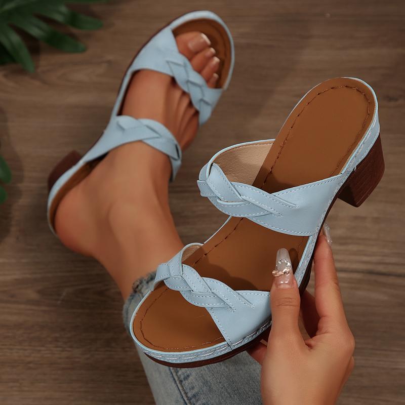 Daily Round Toe Back Strap Splippers Women 2025 Summer Square High Heels Shoes Women Elegant Mixed Colors Comfortable Slides
