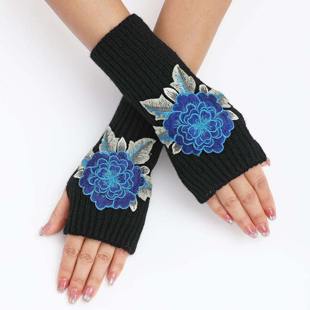 New Autumn and Winter Women's Knitted Woolen Sleeve Sleeves Half Finger Exposed Gloves Fashionable and Warm Short Wrist Guards Flower Gloves