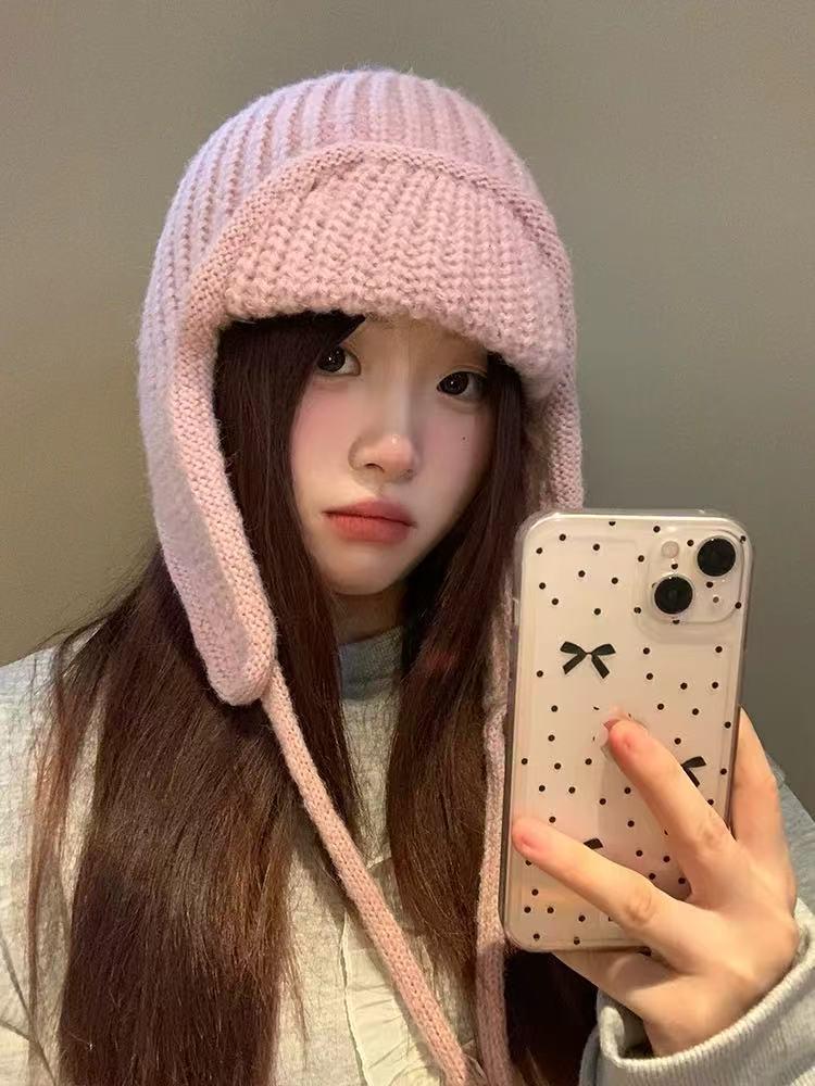 Korean-Style Photogenic Pink Knitted Wool Hat: Women's Warm, Ear-Protecting, Versatile Ski Hat for Autumn/Winter