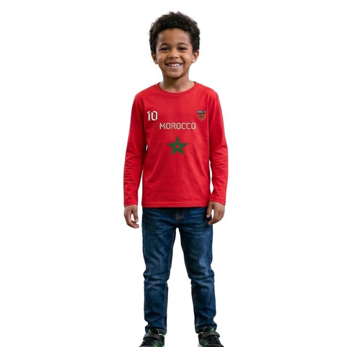 Tee-shirt manches longues - NPZ - Junior - 100% coton prérétréci - Design Maroc n°10 & étoile verte - Rouge