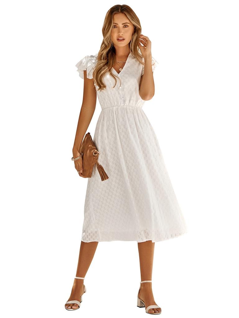 New European and American summer casual women's clothing European and American solid color V-neck waist fresh wind dress