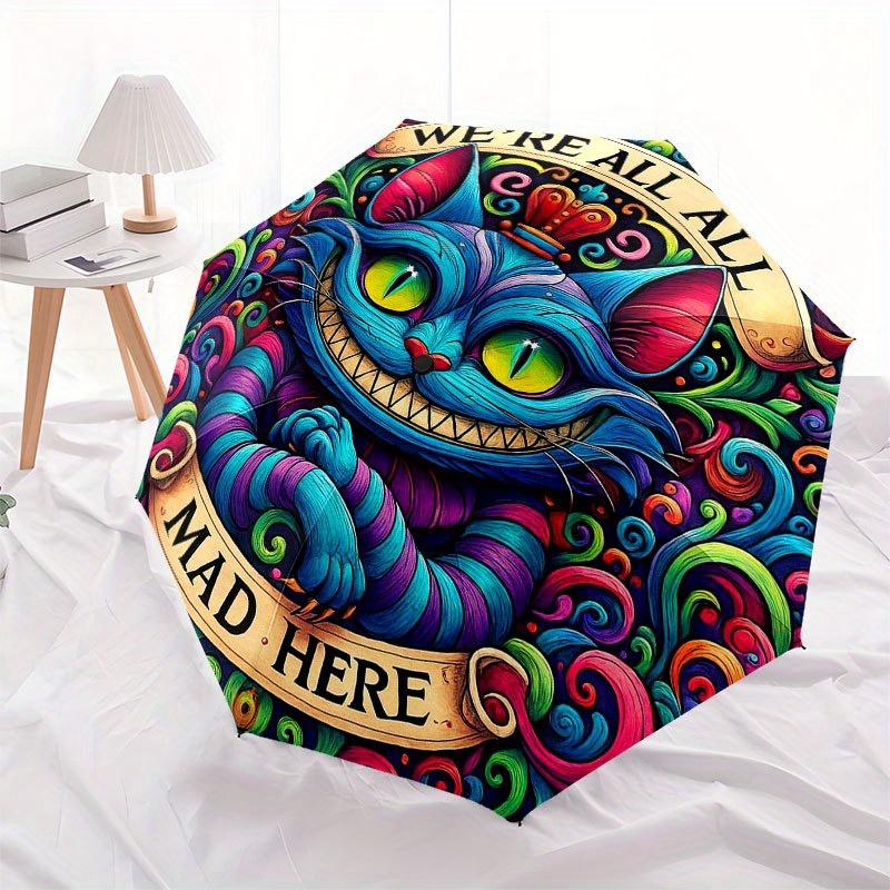 Cheshire Cat: We're All Mad Here Sticker Umbrella, Cute Umbrella with Cute Design, Portable 3-Fold Compact Umbrella for Men & Women, Valentine's Day M