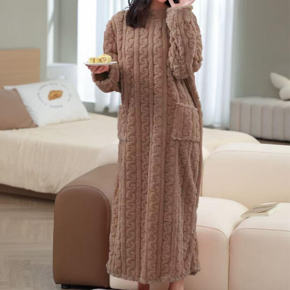 Coral Fleece Jacquard Pajamas Set Women Autumn Winter Fleece Thickened Warm Crew Neck Cable Knit Loungewear Wearable Outside