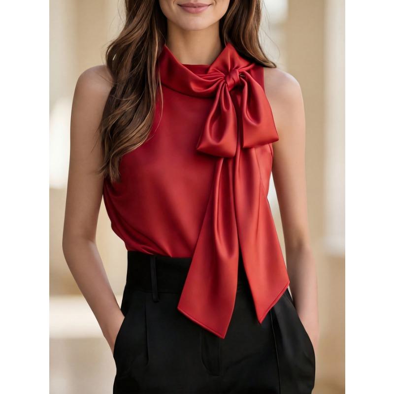 

Womens Red Sleeveless Satin Blouse With Bow Neck Detail Elegant Formal Casual Top S