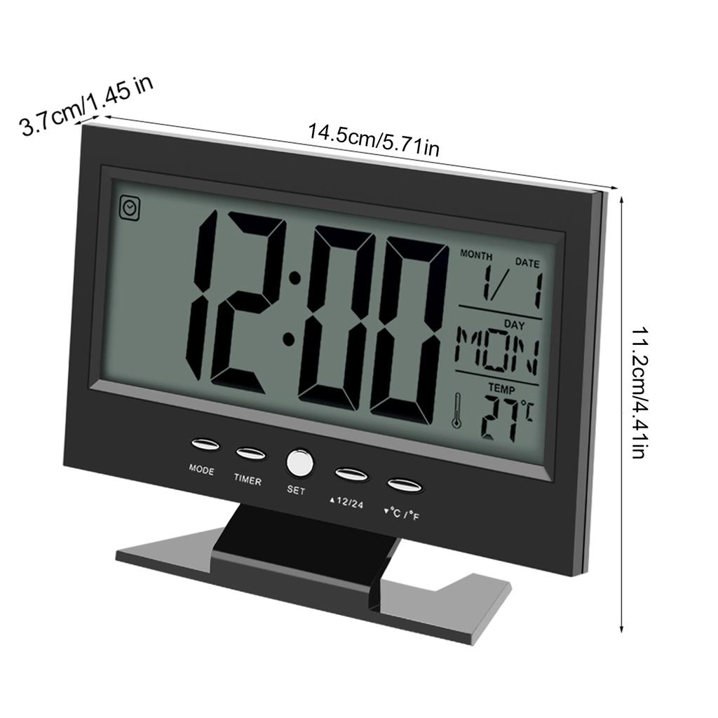 LCD Digital Sound Sensor Table Desk Alarm Clock with Calendar and Temp Display Silver