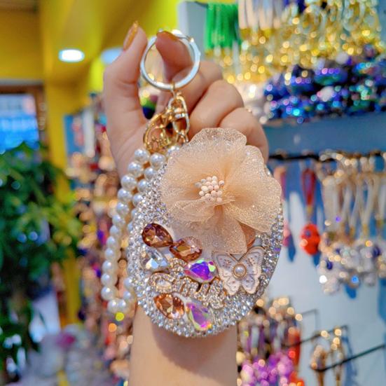 Bling Rhinestone Round Pocket Mirror with Metal Keychain Folding Double-Sided Makeup Mirror Bead String Charm for Purse Handbag Wallet Travel