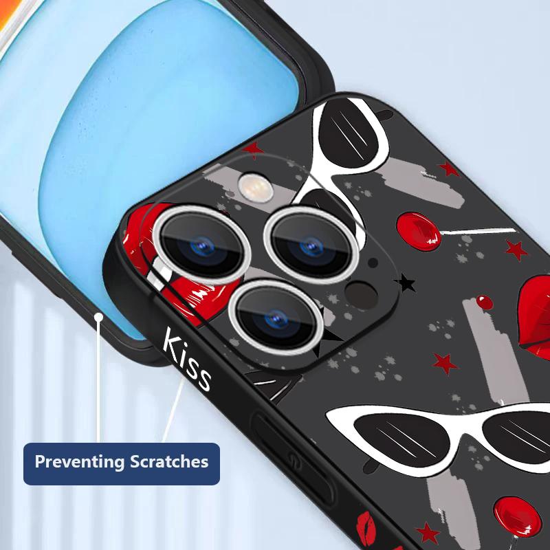 Custodia con Laccetto e Fantasia Baci Labbra per iPhone 17 Pro Max Funda iPhone 16 15 14 13 Pro Max 11 16E 17E Cover Morbida in Silicone