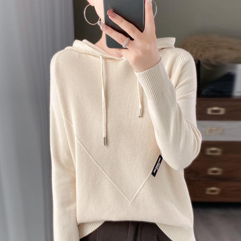 INDFS Women's Fashion Casual Fall Winter Solid Color Print Long Sleeve Hooded Sweaters