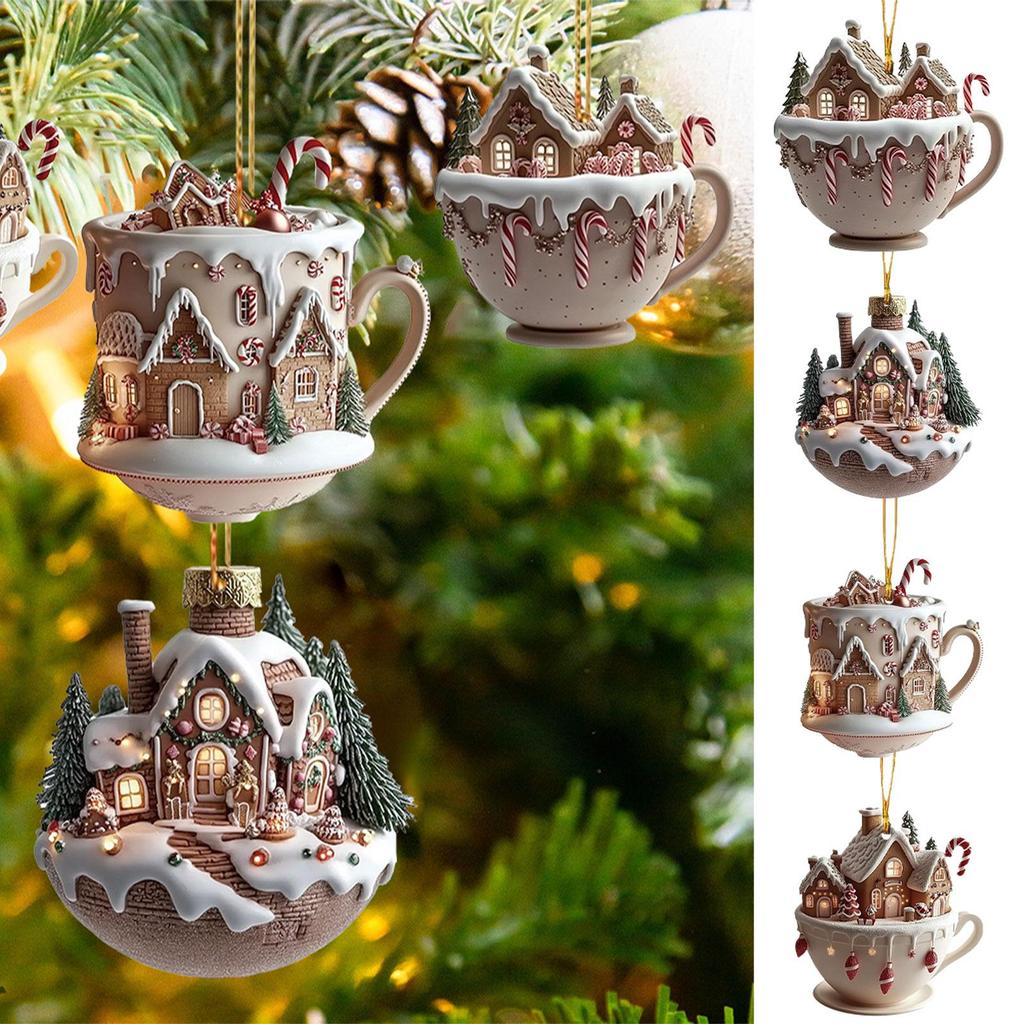 Christmas Tree Ornaments Cup House Shape Vintage Decorative Ornament Decor 2D Festive Acrylic Pendant for Hallway Bedroom