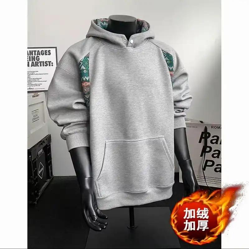 

Men s Color Block Ethnic Style Fleece Lined Thickened Hoodie Autumn Winter New Style Designer Hoodie Stiff Inner Wear Jacket L серый