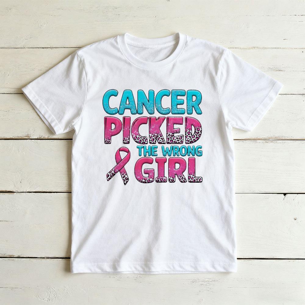 Cancer Picked The WrongunisexLeopard Letter Graphicunisex Summer Tshirt Breast Cancer Fighter Bold Motivational Short Sleeve Top