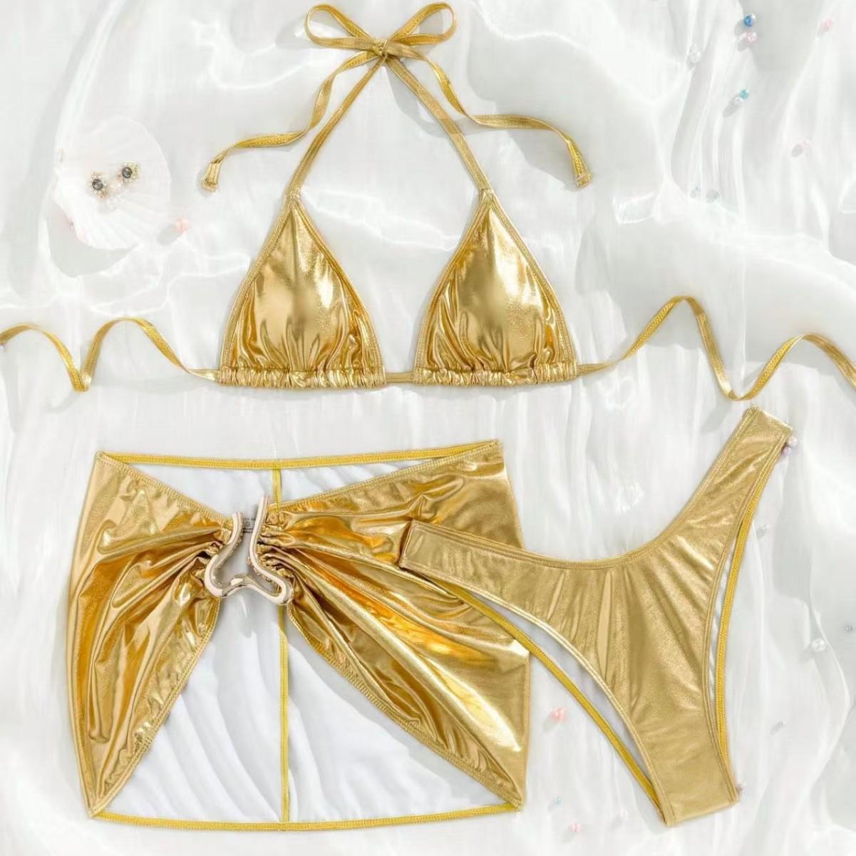 

2026 European & American Hot Stamping Triangle Bikini Top – Sexy Backless Tie-Neck Swimwear Small золотий