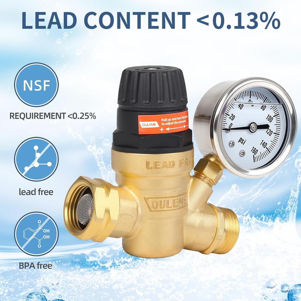 OULEME RV Water Pressure Regulator Valve With Handle Adjustable, Silicone Oil Gauge, Double Filters, Brass Lead-Free And 3/4" Connector For Camper