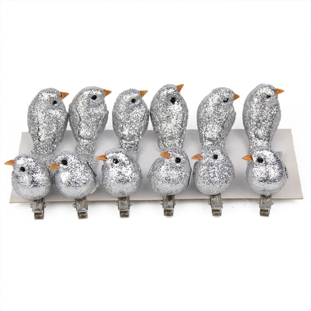 

12PCS Creative Multicolor Artificial Birds Gold Powder Foam Faux Bird with Clips DIY Accessories Artificial Bird Home Decoration серебряный