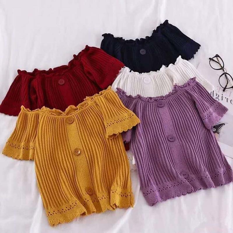 Moda Elegante Borda de Orelha de Madeira Manga Curta Ajustado Fino Gola Uma Linha Sem Alças Seção Fina Tops de Tricô Essencial Casual Pulôveres Slim Fit Camisetas