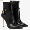 Solid Color Pointed Toe Ankle Boots Gold Lock Metal Heel Stiletto Heel 10CM Women Patent Leather Suede Short Boots 44 SIZE