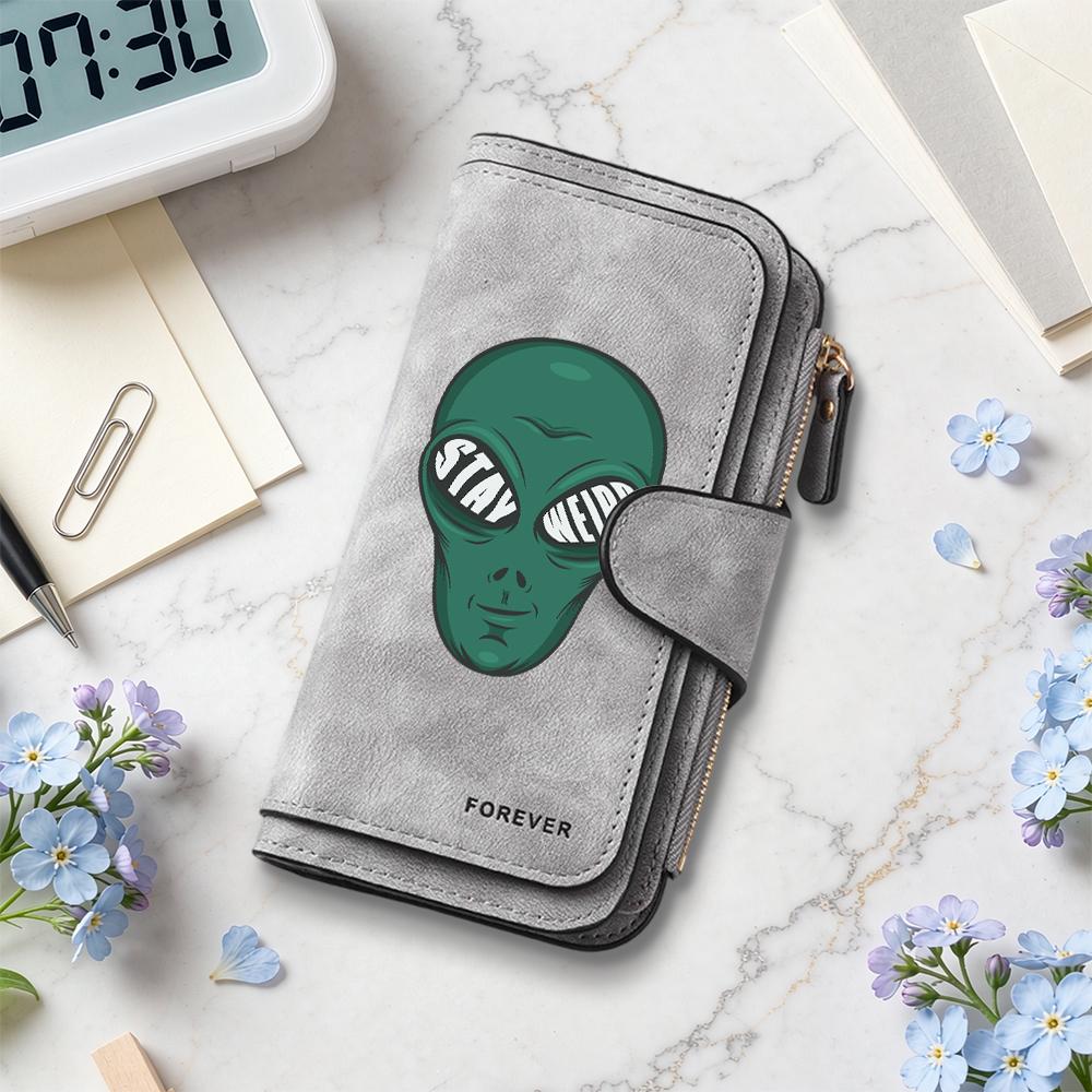 Green Alien Print Long Wallet Stylish Daily Use Card Holder Casual Portable Purse