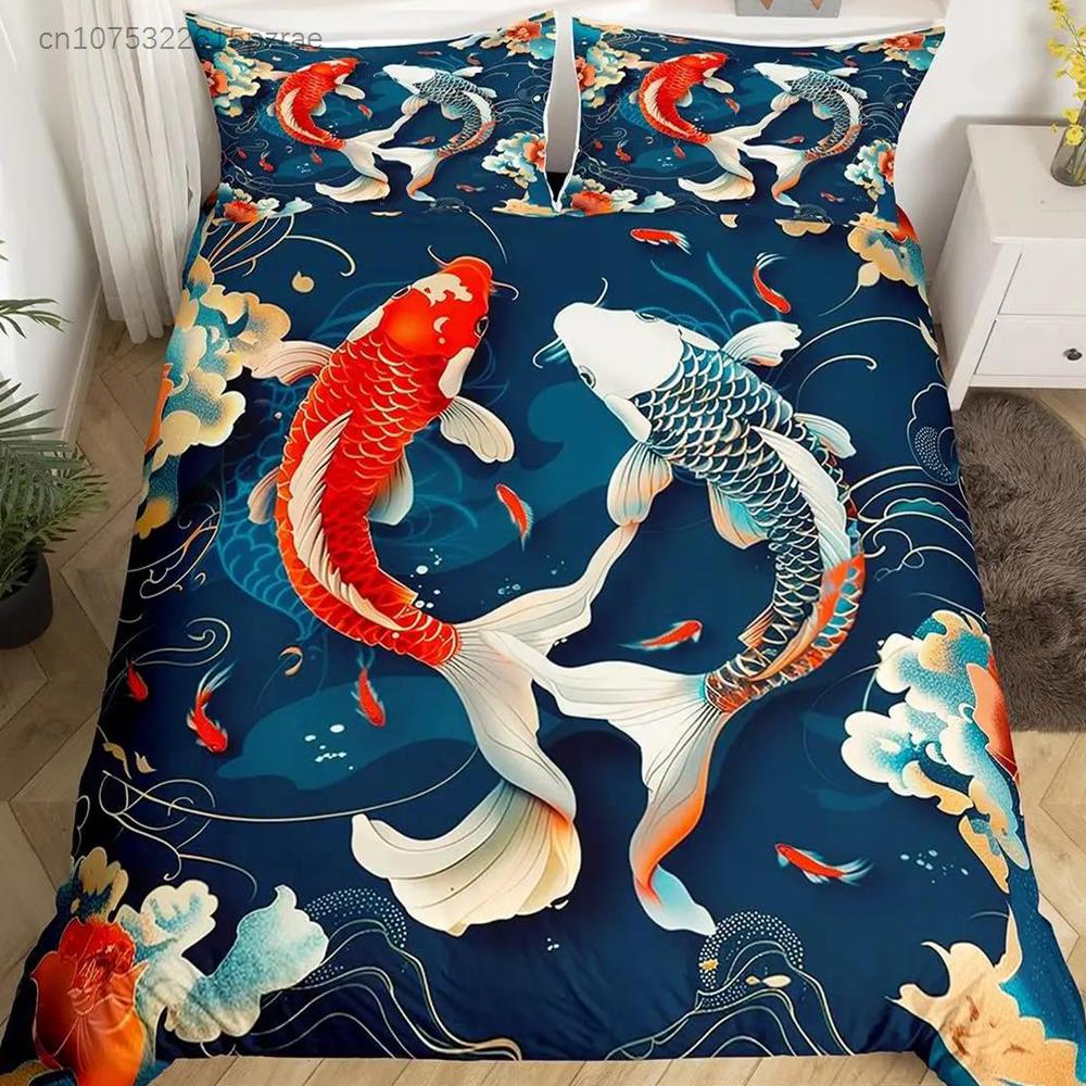 Japanese Goldfish Duvet Cover Set Fantasy Yin Yang Cherry Blossom Flowers Comforter Cover Set Blue Sea Wave Breathable Bedding