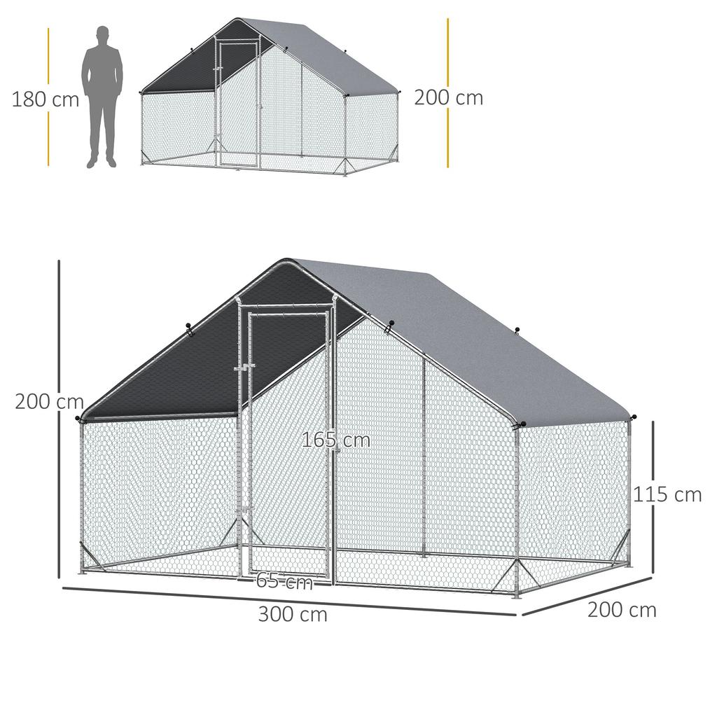 Garden Chicken Coop for 12-18 Chickens with Galvanized Frame and Waterproof Cover, 3x2x2 M, Silver