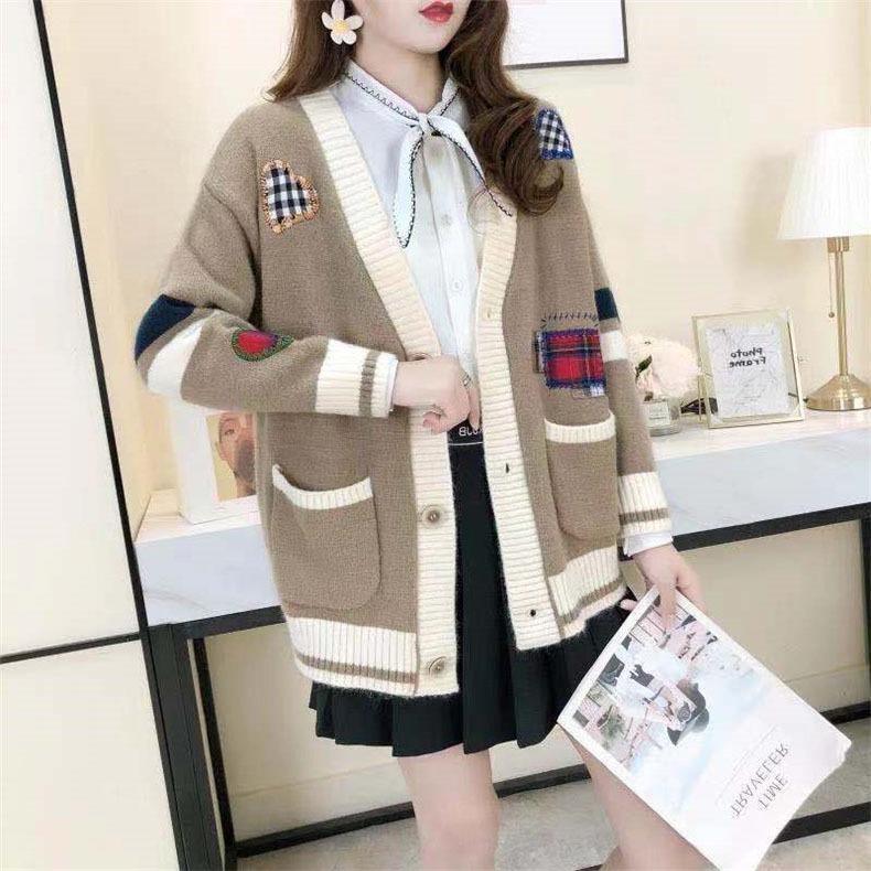 Embroidered Sweater Women's Coat Autumn and Winter Loose Knit Cardigan Long Sleeved Thick V - Neck Coat