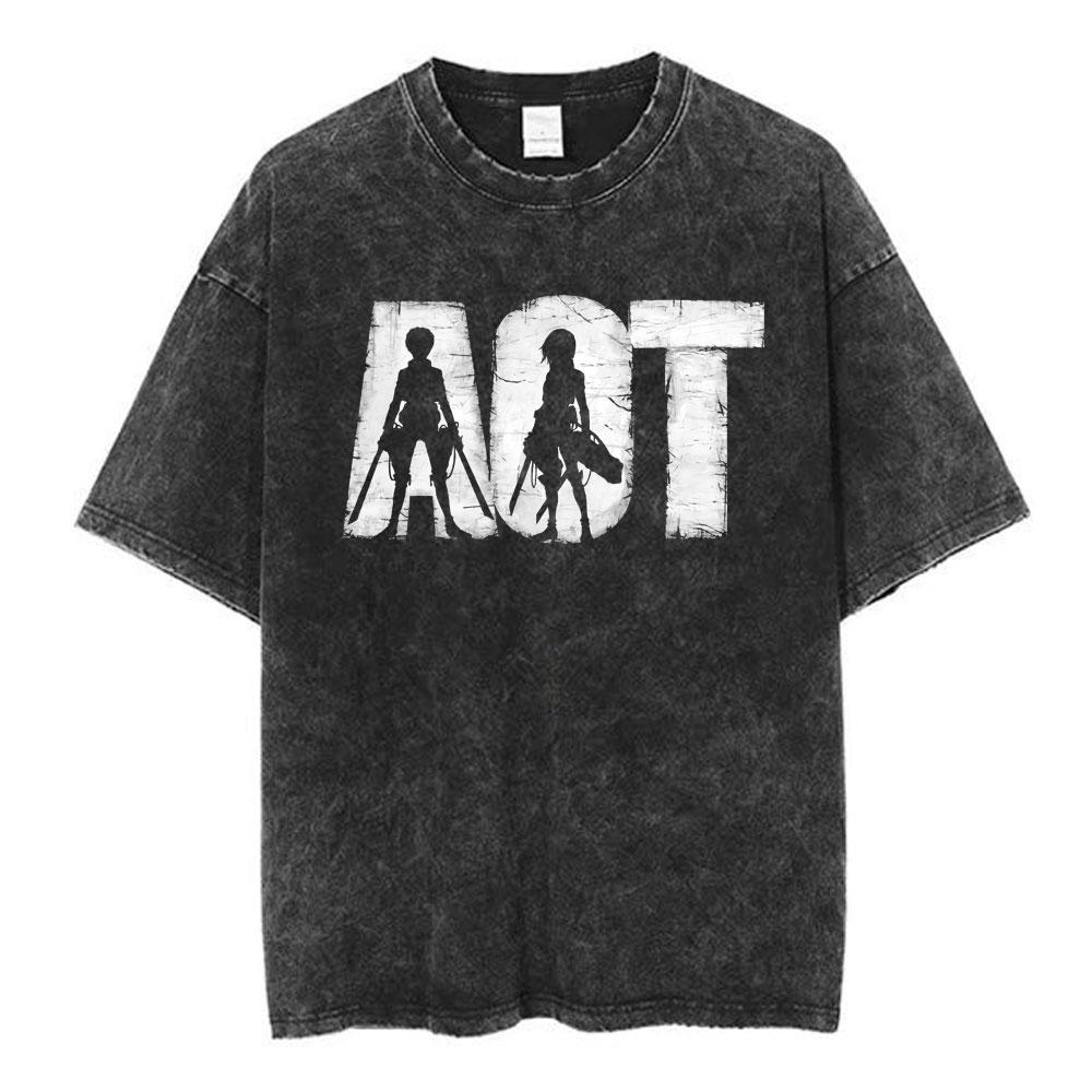 Anime Attack on Titan Washed T Shirt Men Cotton Casual Short Sleeve T-shirt Manga Levi Ackerman Oversized T-shirts Streetwear