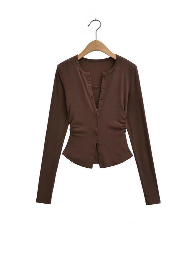 Women's Slim-Fit Korean Style Waist-Cinching Long-Sleeve Cardigan and Sheer Vest Set