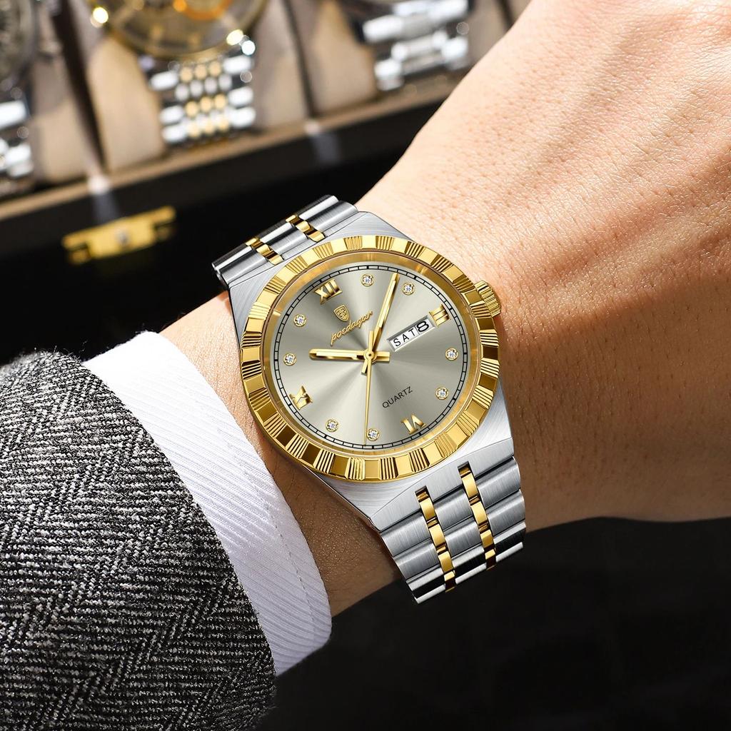 POEDAGAR Original Military Man Wristwatch Quartz Week Date Watch For Men Waterproof Luminous Stainless Steel Men's Watches