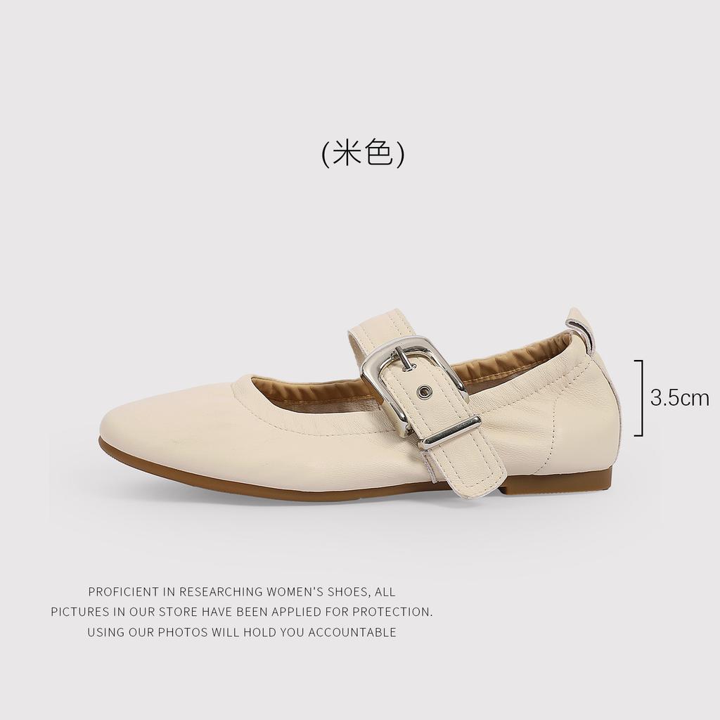 CowhideMetal Square Buckle Ballet Flat Shoes Women'S Skinny Single Shoes Vintage Round Head Mary Jane Shoes