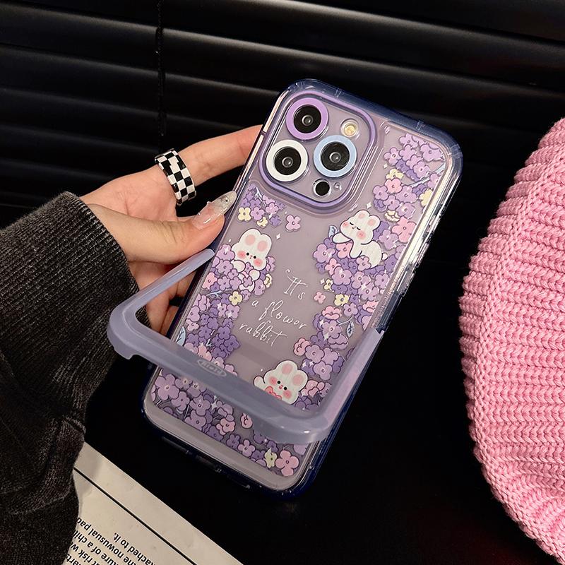 Lovely Purple Flowers Rabbit Stand Holder Case For Iphone 14 Pro Max 13 11 12 14 Plus Bunny Invisible Bracket Phone Cover