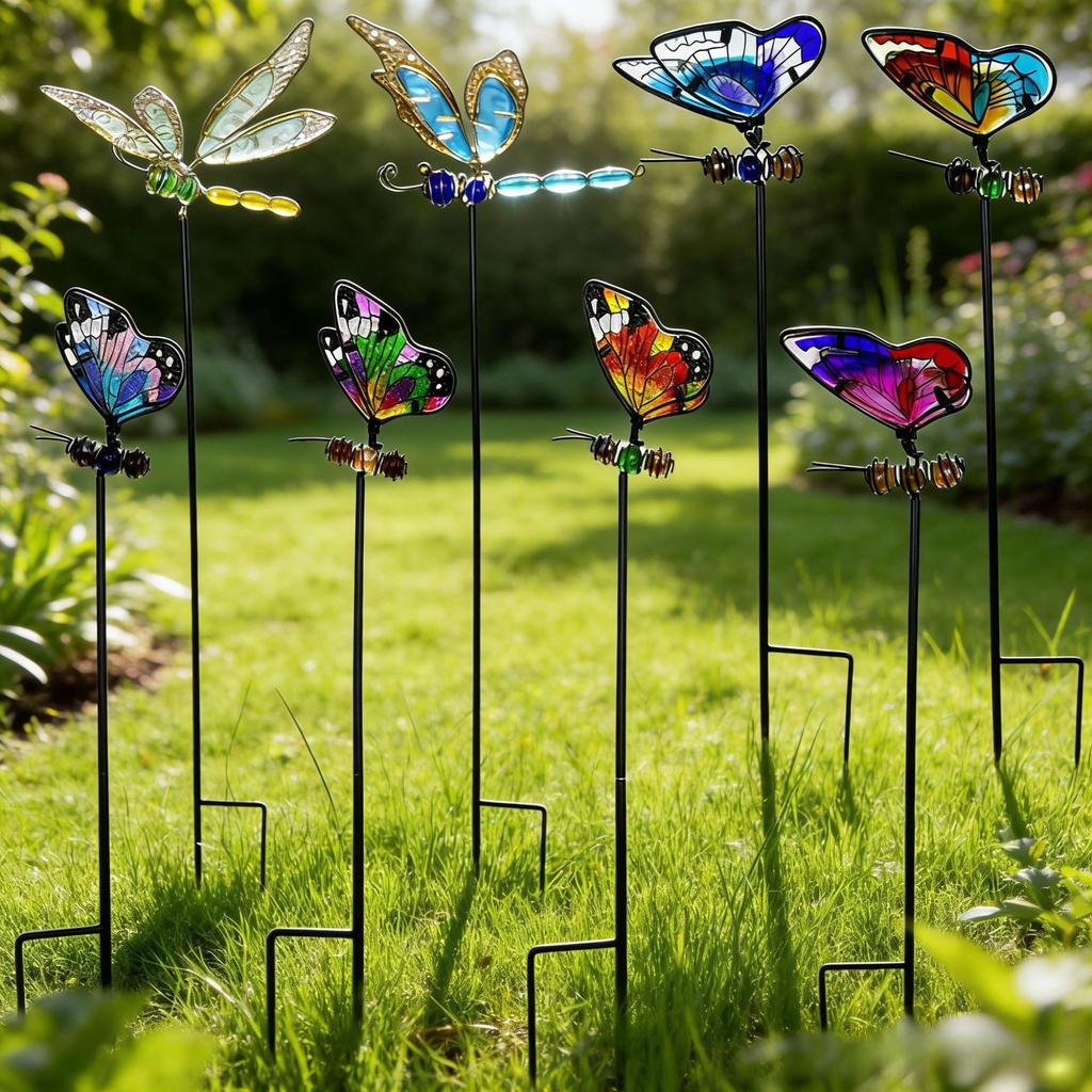 Metal Butterfly Dragonfly Garden Stake Stained Glass Yard Decor Outdoor Lawn Patio Flower Pot Pathway Hanging Ornament