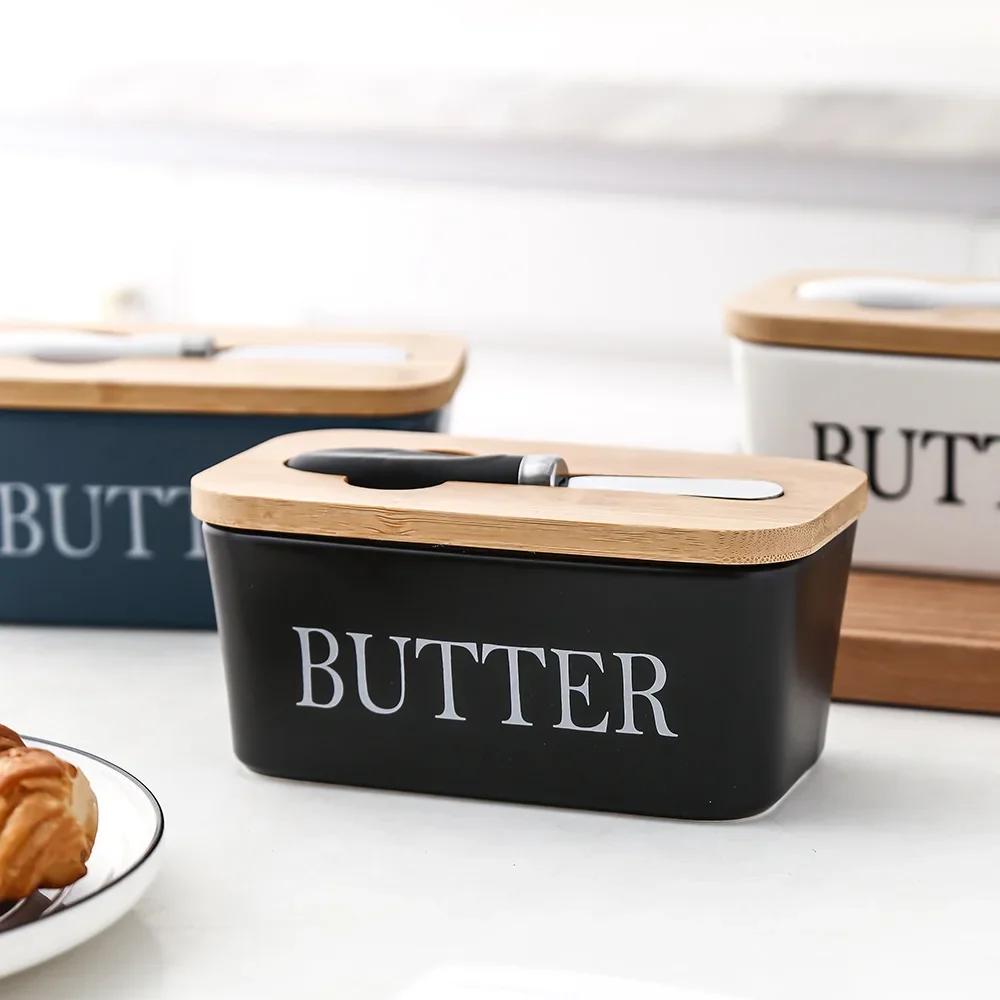 Butter Box Sealing Tool, Wood Lid Knife, Food Dish, Ceramic Keeper, Cheese Storage Tray Plate Container For Kitchen