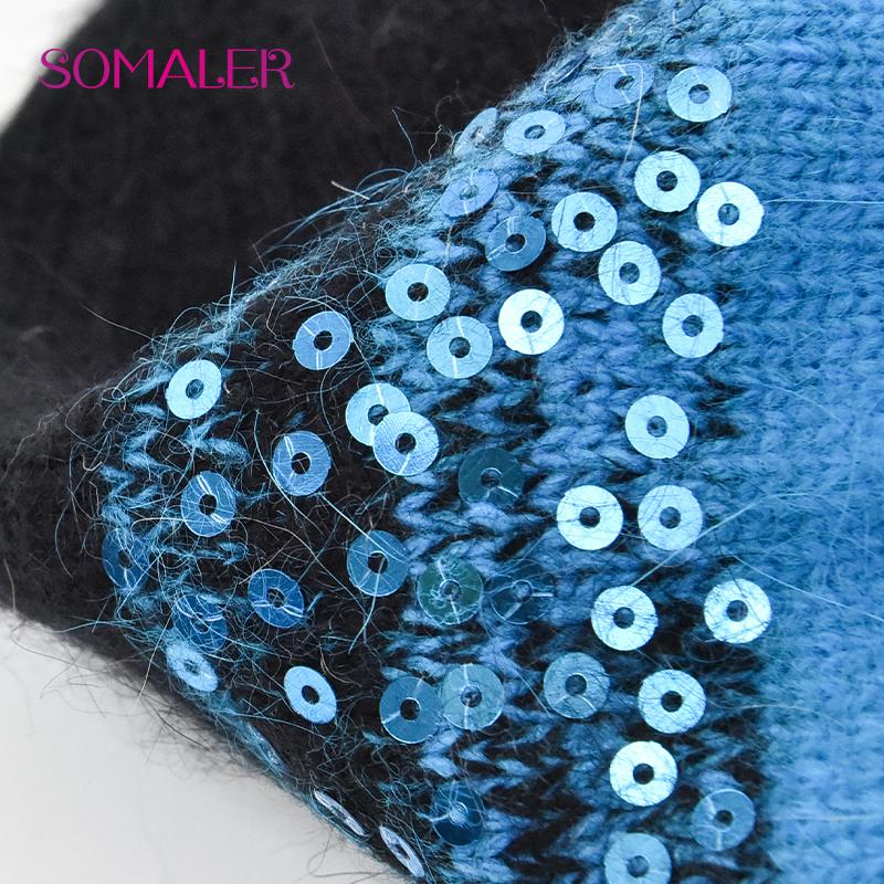 SOMALER Winter Hats for Women Warm Angora Wool Knitted Hat Fashion Sequin Beanie Hat Thick Long Rabbit Fur Hair  Skull Cap Bonnet