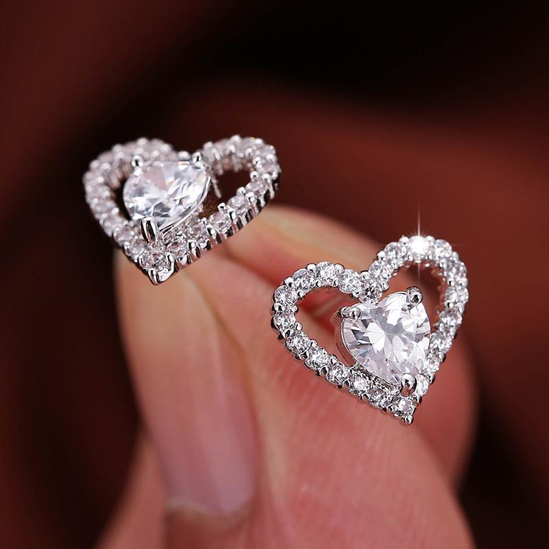 European Heart-Shaped Rhinestone Stud Earrings - Elegant Women's Fashion Accessories