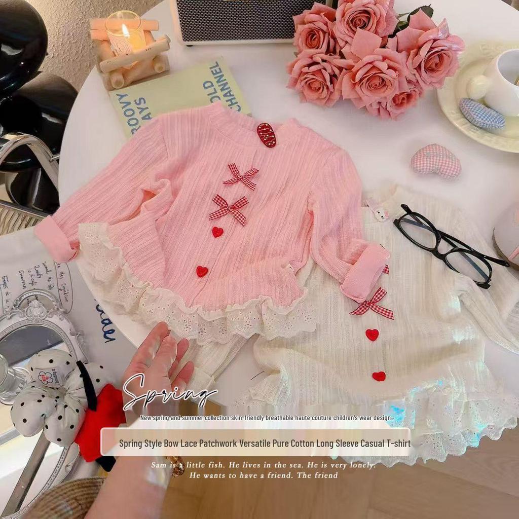 Flicktopp i spets med rosett, elegant, långärmad, för vår