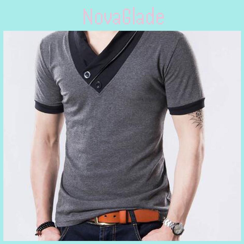 Camiseta De Hombre De Manga Corta Larga Slim Cuello En V Muscle Tee Blusa Casual