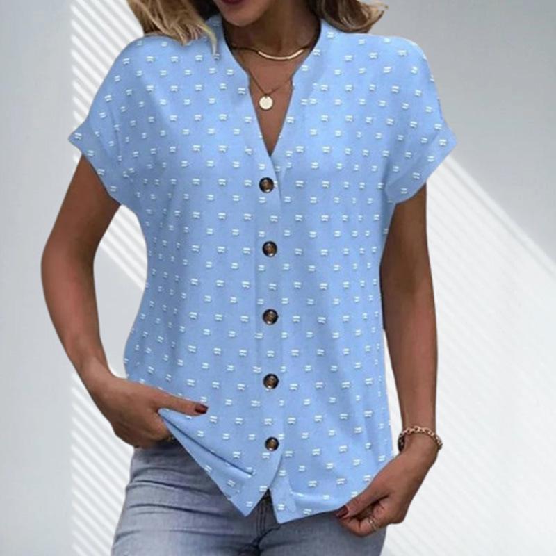 Spotlight Prickig Avslappnad Dam Topp med Nedhasad Axel Kort Ärm - Ljusblå Sommarstil