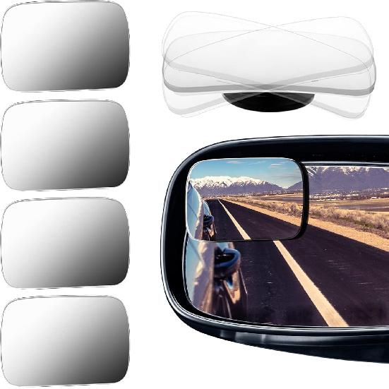 BBTO Blind Spot Car Mirror 4 Pack 360 Degree Glass Traffic Safety Rearview Mirror Rectangle Convex Spot Frameless Adjustable Self Adhesive Angle For