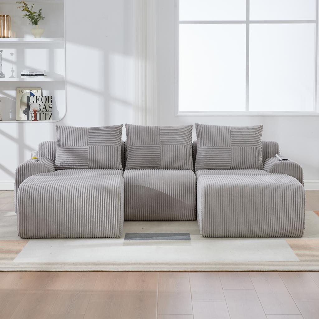 Modular Corduroy Sofa for 3 People (with 2 Stools), Freely Combinable, Including Drink Holder and Storage Pocket, Ideal for Living Room. Light Gray