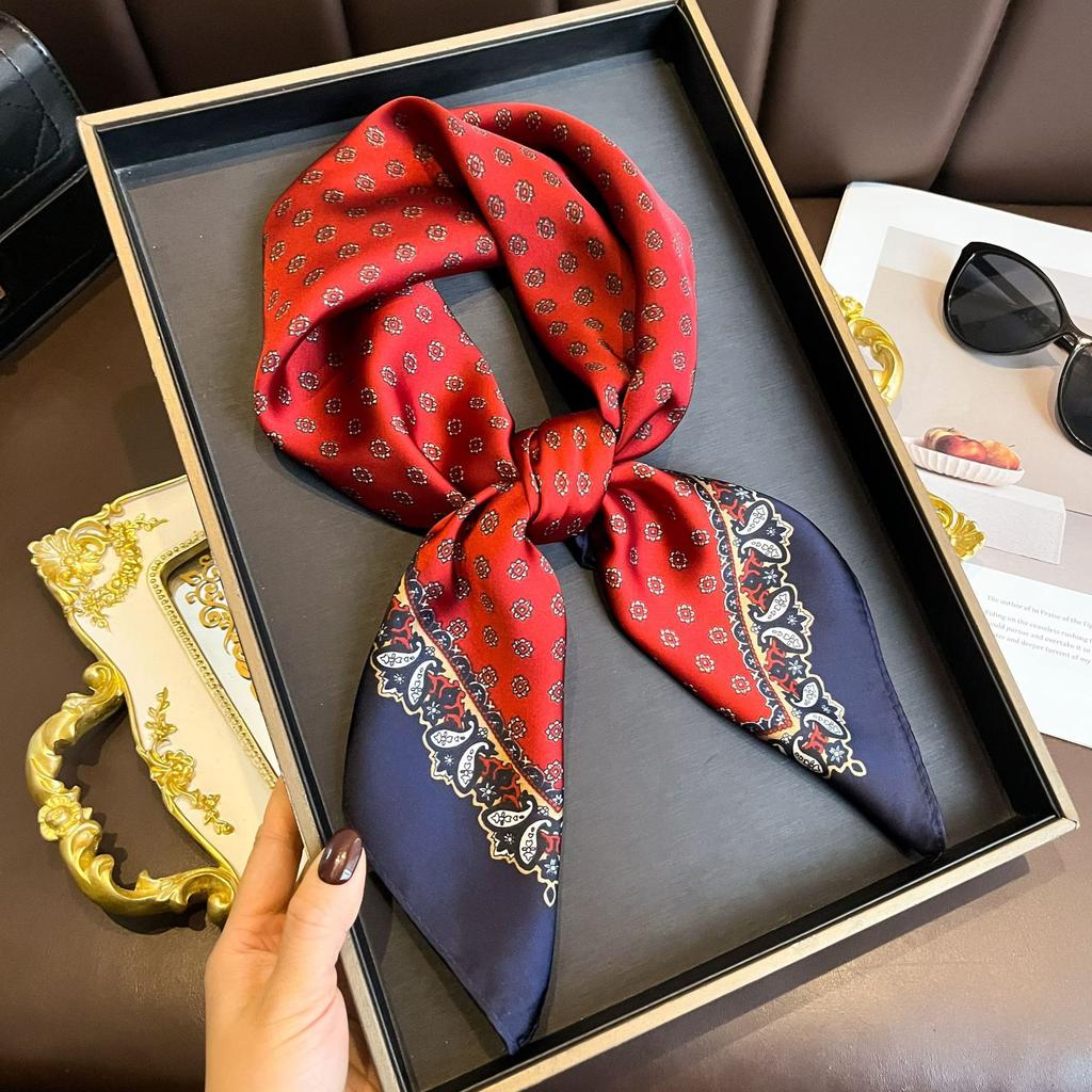 71Cm imitation silk small square scarf burgundy baroque pattern silk scarf versatile professional scarf spring and summer decorative scarf