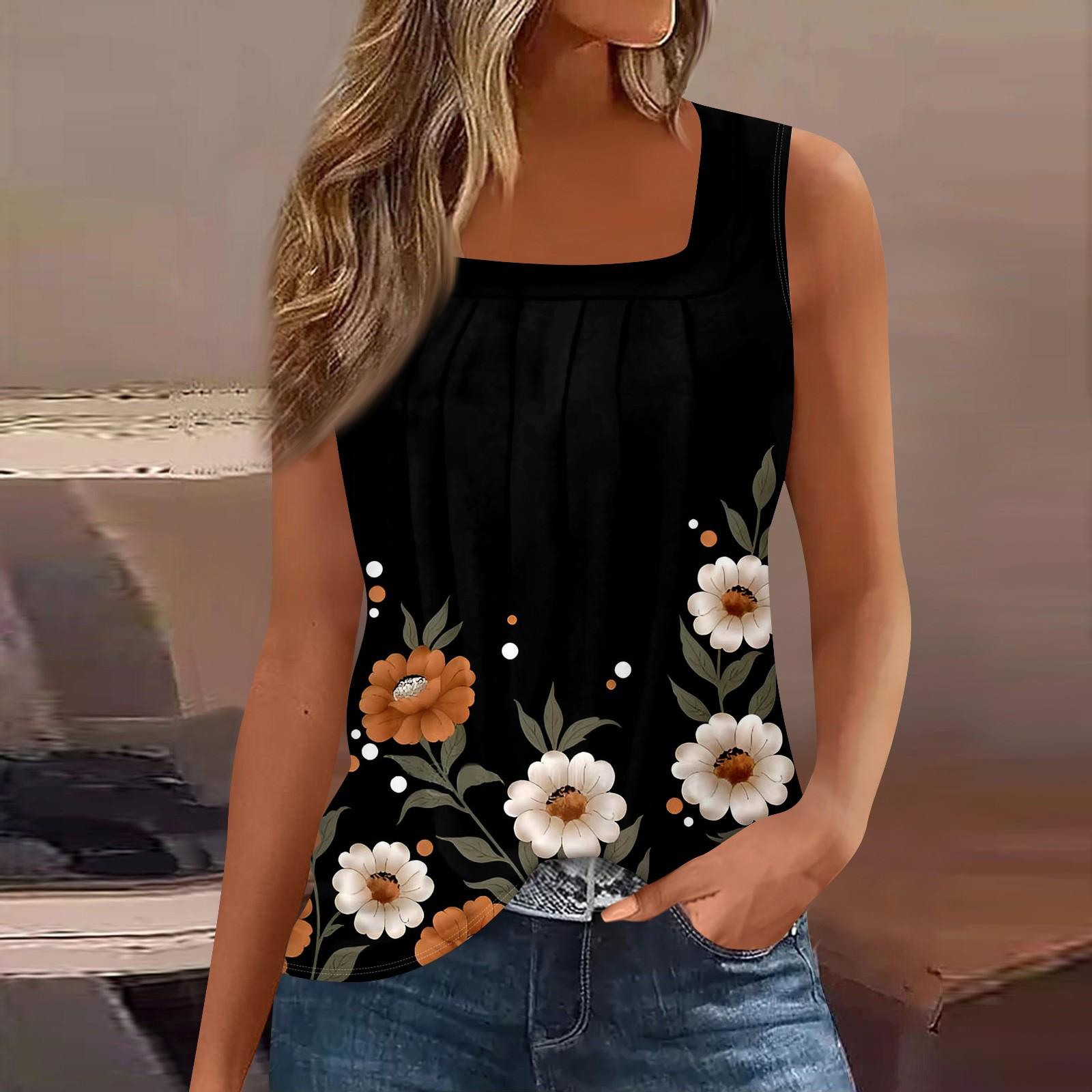 

Color Block Ruffled Square Collar Tank Top Women Striped Tank Tee Summer Casual Loose Fit Sleeveless Shirt XXL