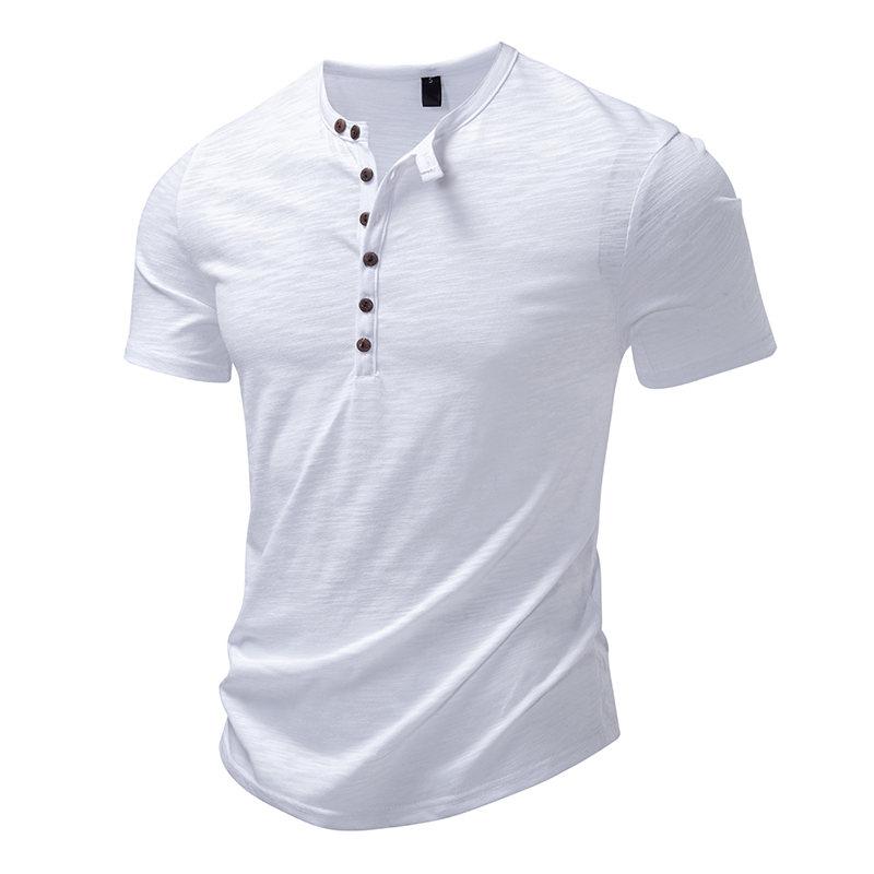 New Design Men's Summer Solid Color T-Shirts Bamboo-Handled Henry Collar Casual Button Short Sleeve Top Tees Hip Hop Streetwears
