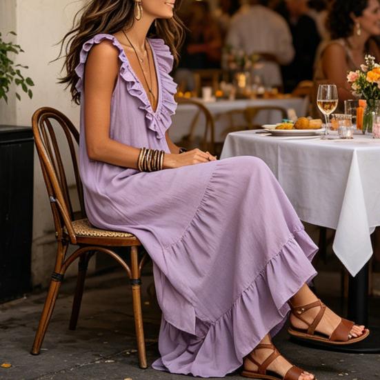 Women's Deep V Neck Ruffle Trim Maxi Dress, Sleeveless Loose Flowy Beach Sundress, Summer Casual Tiered Ruffle A-line Long Dress